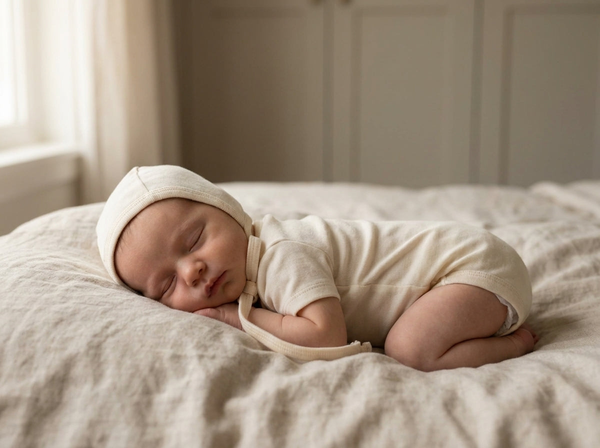 Newborn sleeping in plain Alabaster bonnet