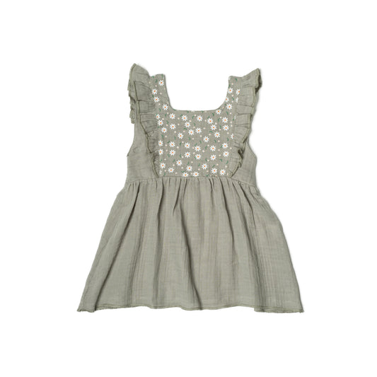 Kids muslin dress in grey organic Egyptian cotton, front view