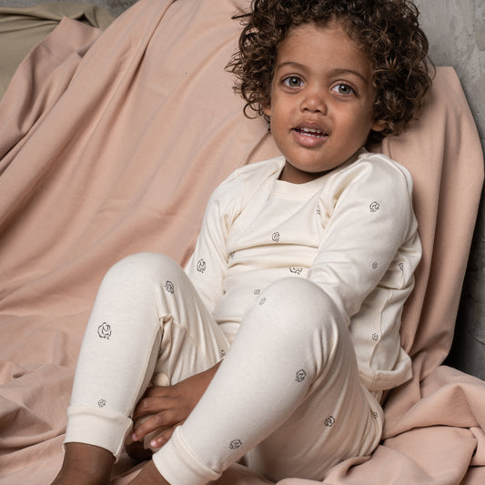 Pajama Set, Long Sleeve T-Shirt and Pants - Alabaster with Cotton Bloom