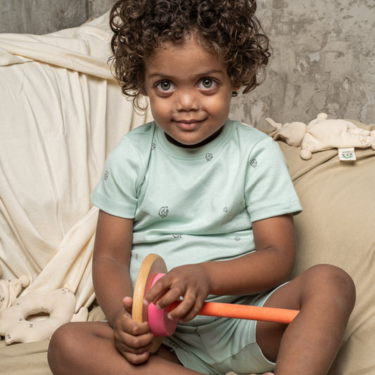 Pajama Set, Short Sleeve T-Shirt and Shorts - Sage with Cotton Bloom