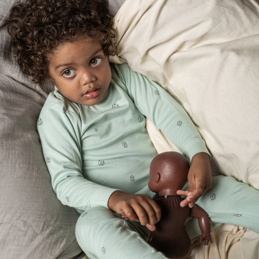 Pajama Set, Long Sleeve T-Shirt and Pants - Sage with Cotton Bloom