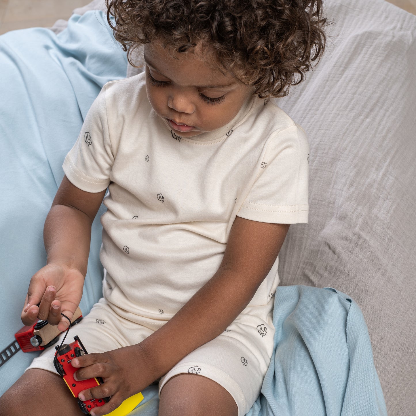 Pajama Set, Short Sleeve T-Shirt and Shorts - Alabaster with Cotton Bloom