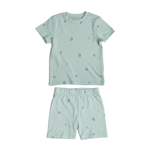 Kids summer pyjamas in sage cotton bloom organic Egyptian cotton, front view