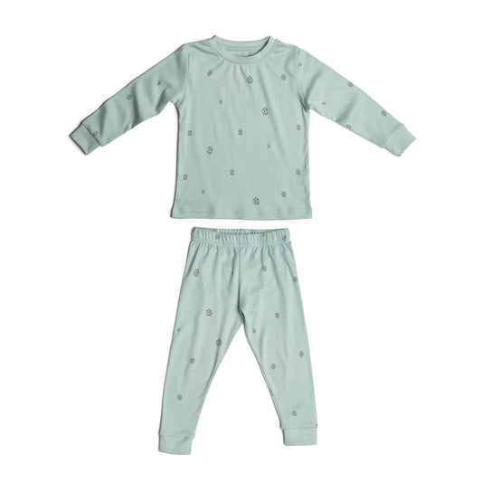 Kids long sleeve pyjamas in sage cotton bloom organic Egyptian cotton, front view