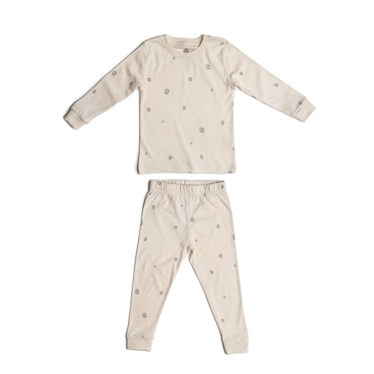 Kids long sleeve pyjamas in alabaster cotton bloom organic Egyptian cotton, front view