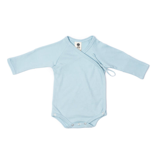 Newborn crossover bodysuit in dusky blue organic Egyptian cotton, front view