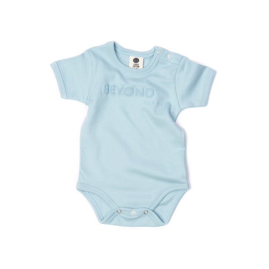 Baby Short Sleeve Bodysuit in dusky blue organic Egyptian cotton, front view
