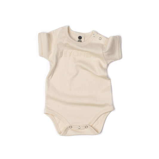 Baby Short Sleeve Bodysuit in alabaster organic Egyptian cotton, front view