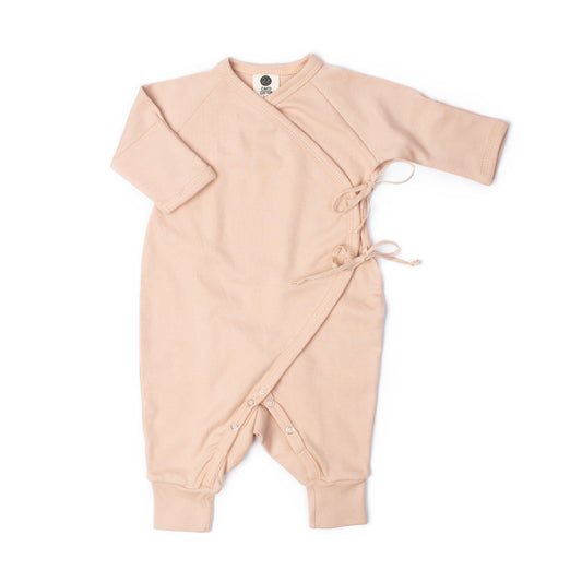 Newborn kimono sleepsuit in dusty blush organic Egyptian cotton, front view