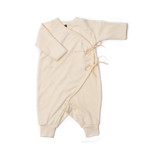 Newborn kimono sleepsuit in alabaster organic Egyptian cotton, front view