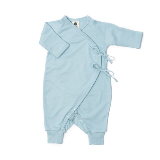 Newborn kimono sleepsuit in dusky blue organic Egyptian cotton, front view