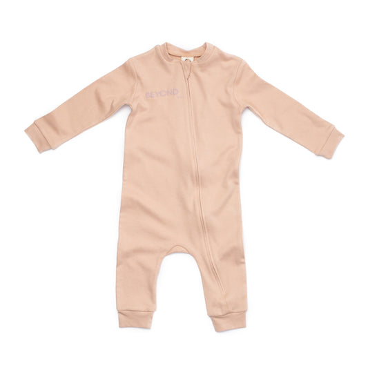 Baby sleepsuit in dusty blush organic Egyptian cotton, front view