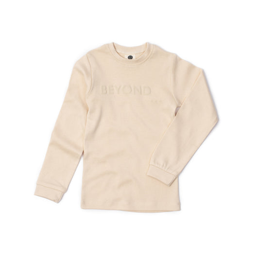 Kids lounge top in alabaster organic Egyptian cotton, front view