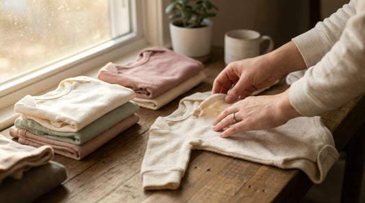 Parent carefully folding quality organic cotton baby clothes