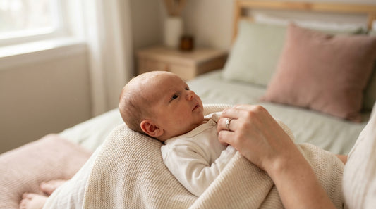 Newborn in organic cotton sleepsuit with parent