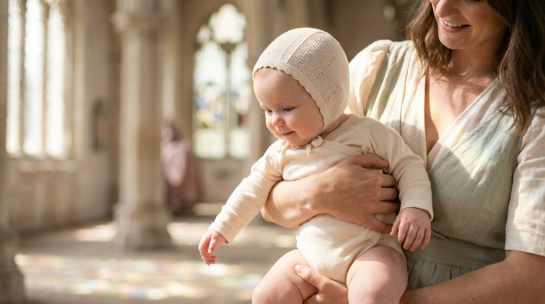 Baby in elegant cream outfit for christening ceremony