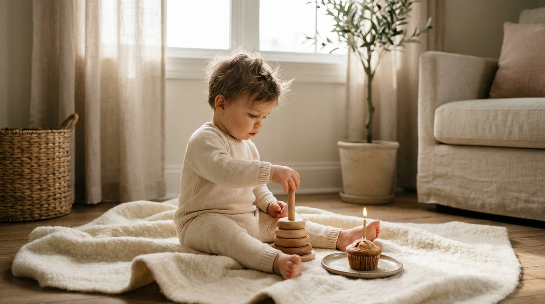 Toddler playing on first birthday in organic cotton