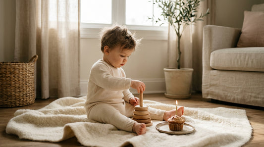 Toddler playing on first birthday in organic cotton