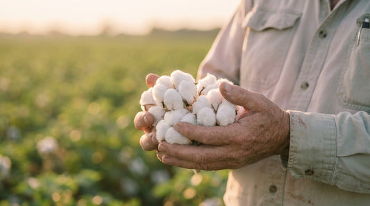 Cotton farmer holding raw cotton bolls in golden light