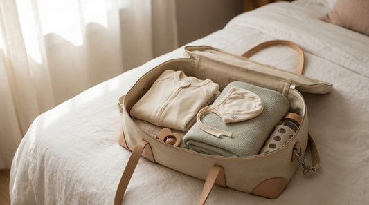Packed hospital bag with organic cotton baby essentials