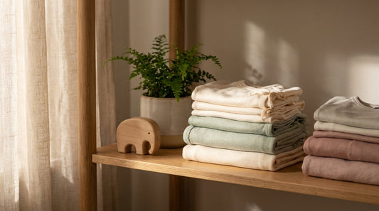 Organised nursery shelf with organic cotton baby essentials