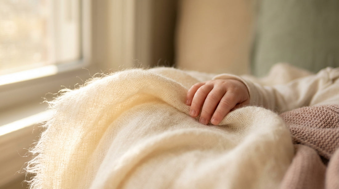 Close-up of luxurious Egyptian cotton fabric with baby hand