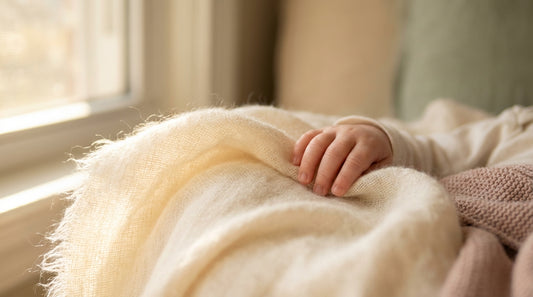 Close-up of luxurious Egyptian cotton fabric with baby hand