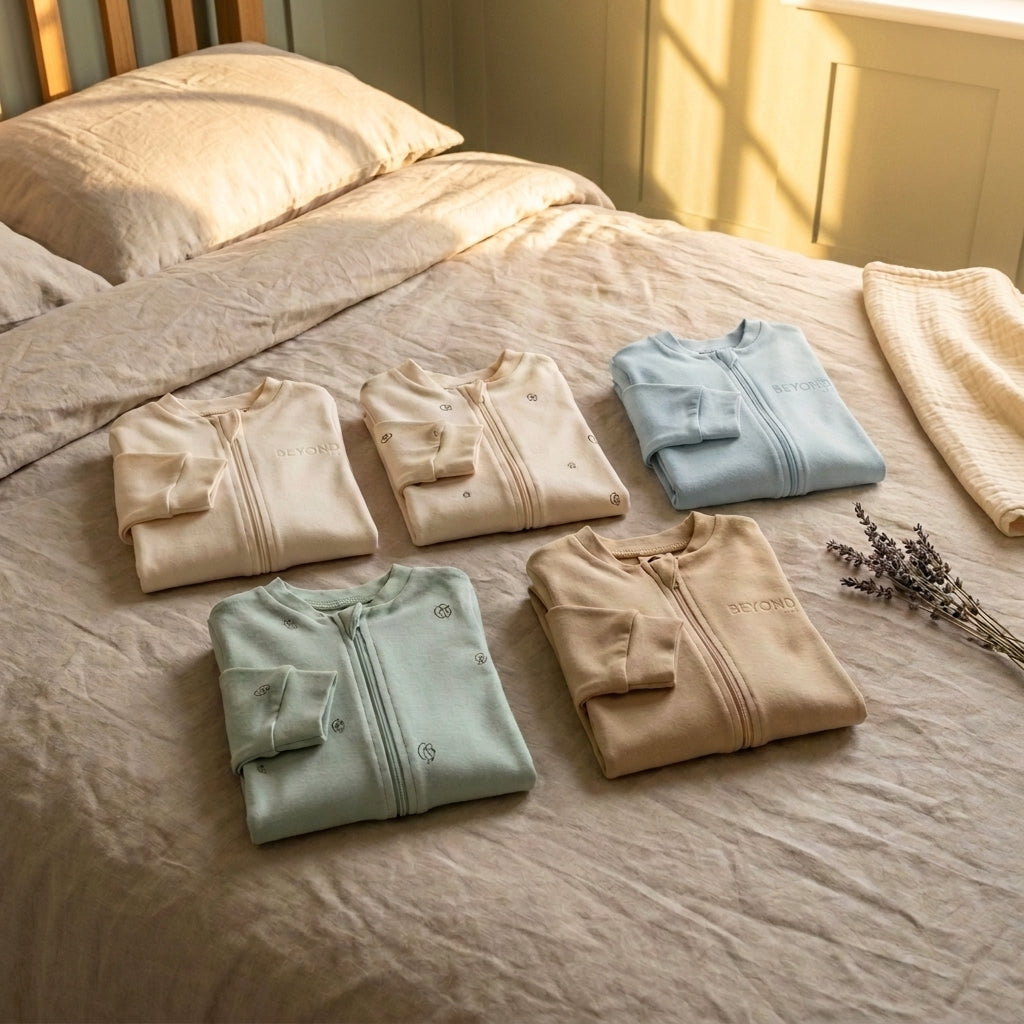 Caico Cotton Baby Sleepsuit 5-Pack — Alabaster, Alabaster Cotton Bloom, Dusky Blue, Sage Cotton Bloom, Sahara — Pepa London style lifestyle