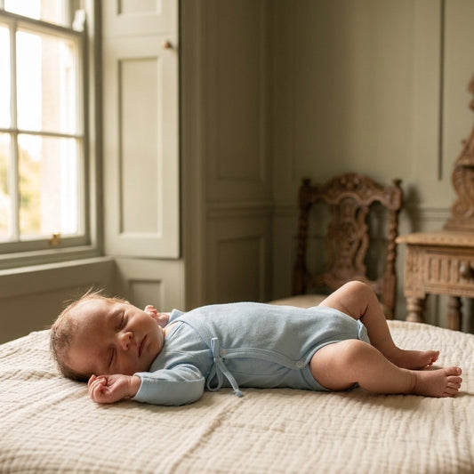 Caico Cotton lifestyle — Newborn Crossover Bodysuit Dusky Blue