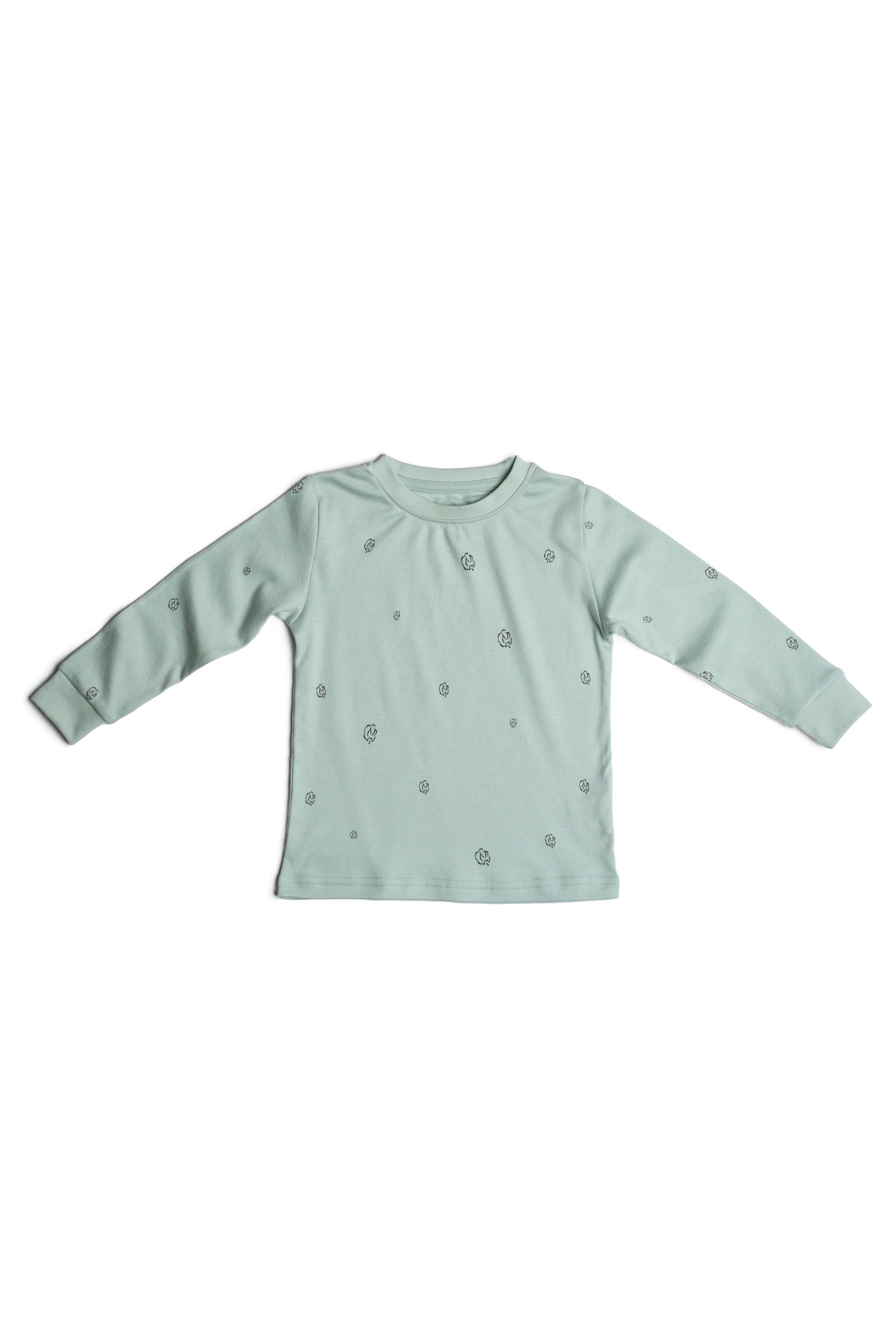 Kids Long Sleeve Pyjamas in sage cotton bloom organic Egyptian cotton, detail view