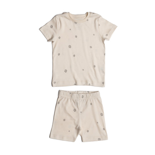Pajama Set, Short Sleeve T-Shirt and Shorts - Alabaster with Cotton Bloom