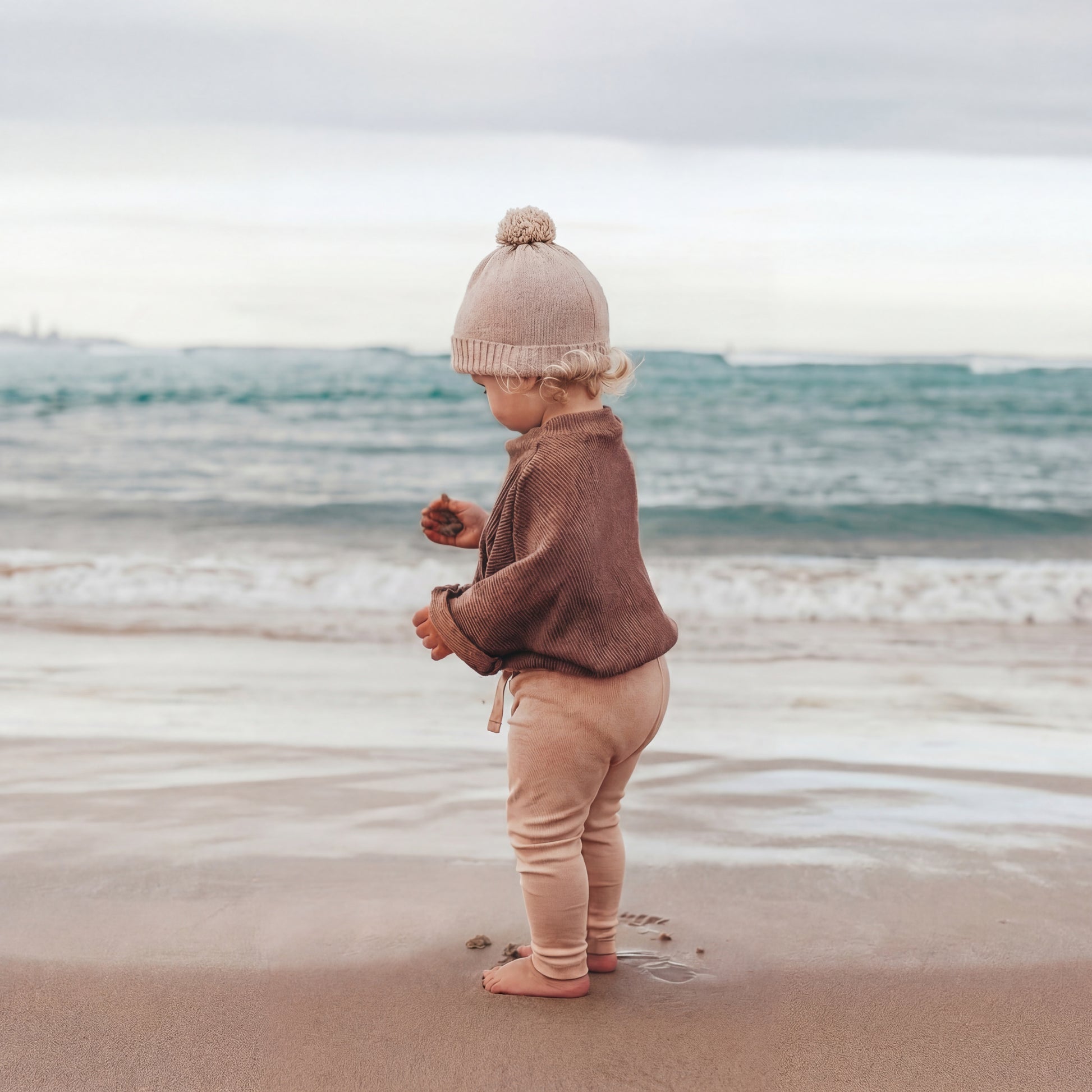 Baby Leggings in dusty blush organic Egyptian cotton, front view