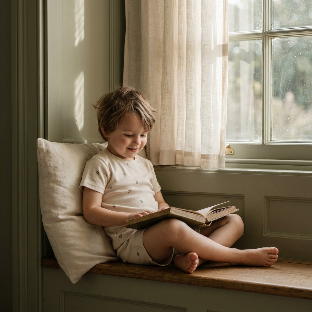 Kids Summer Pyjamas Alabaster — 4yo reading