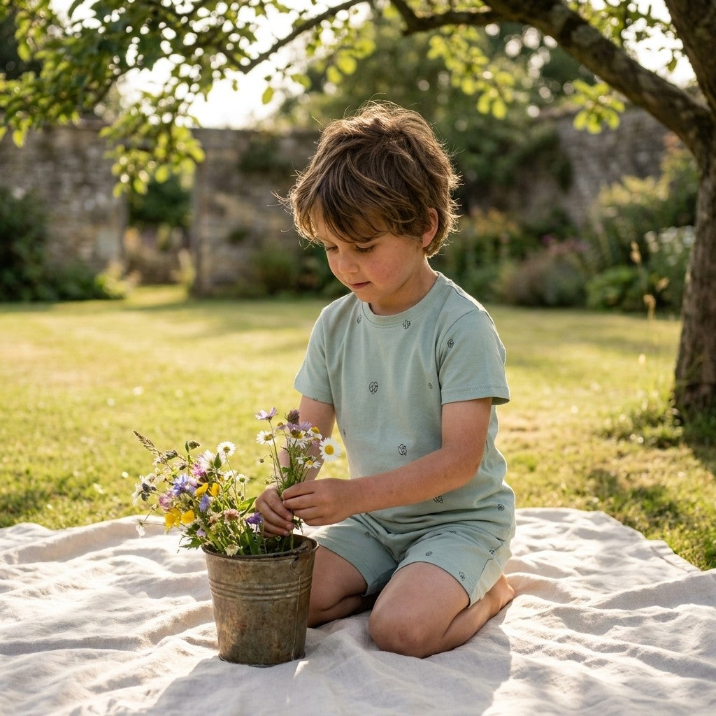 Caico Cotton lifestyle — Kids Summer Pyjamas Sage Cotton Bloom