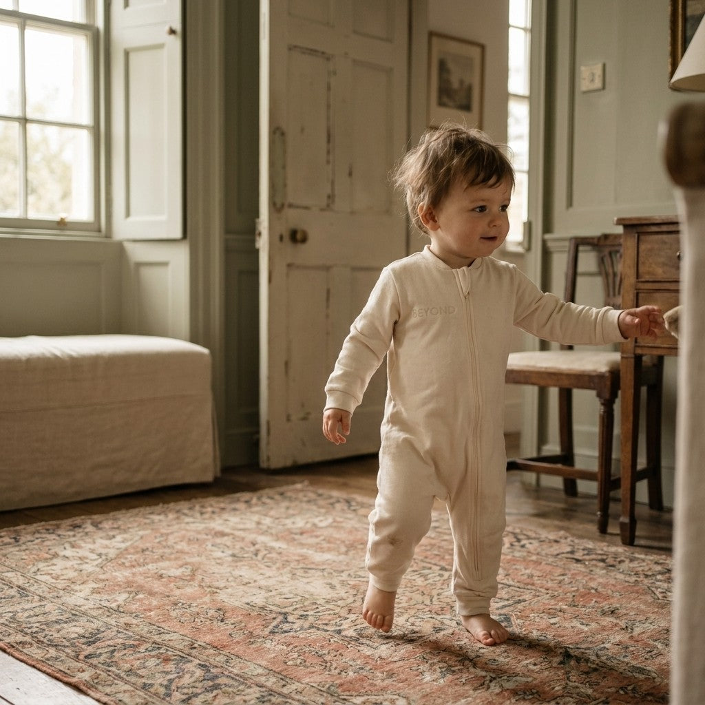 Caico Cotton lifestyle — toddler wearing Baby Sleepsuit in Alabaster