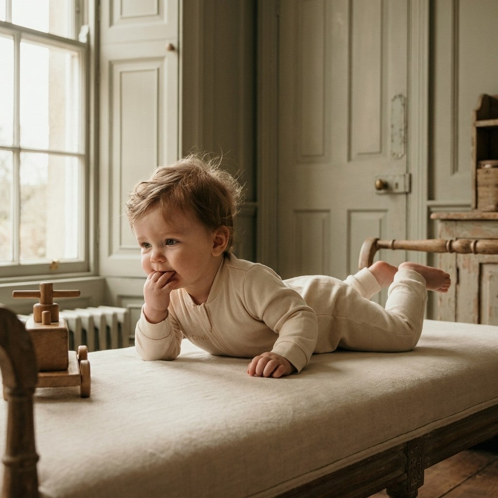 Caico Cotton lifestyle — baby wearing Baby Sleepsuit in Alabaster