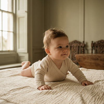 Caico Cotton lifestyle — Baby Crossover Bodysuit (Picot Trim) Alabaster
