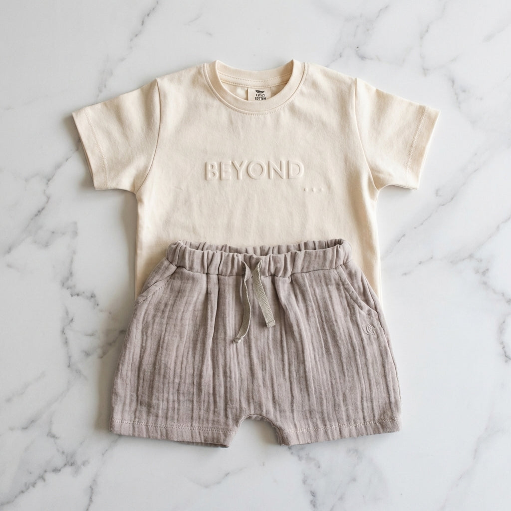 Kids Summer Outfit — Lounge Tee and Shorts on marble