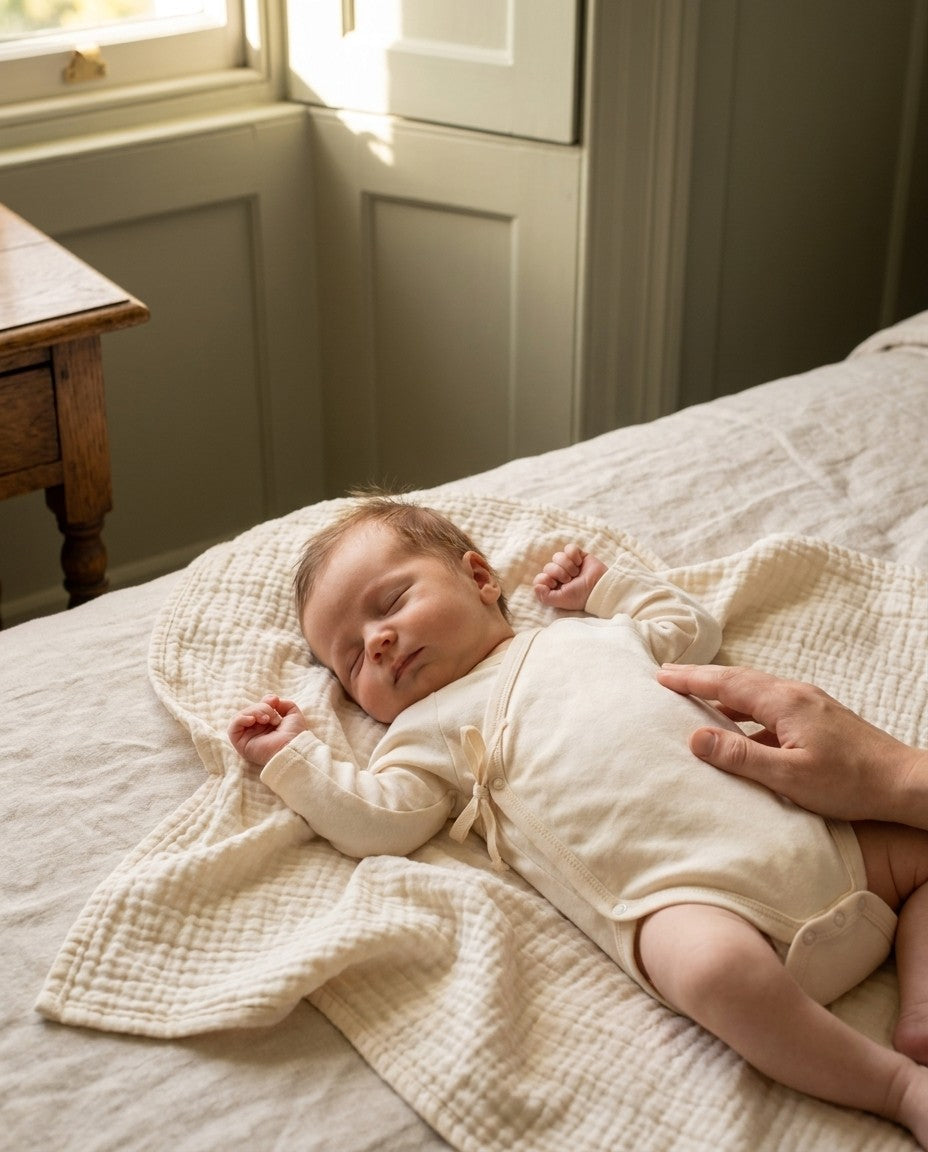 Caico Cotton lifestyle — tof 04 newborn wrapover alabaster blanket