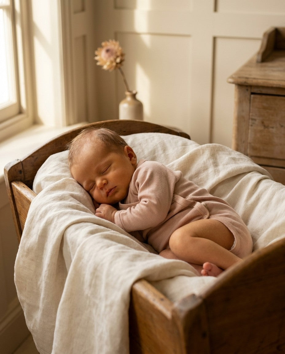 Caico Cotton lifestyle — tof 06 newborn wrapover blush cradle